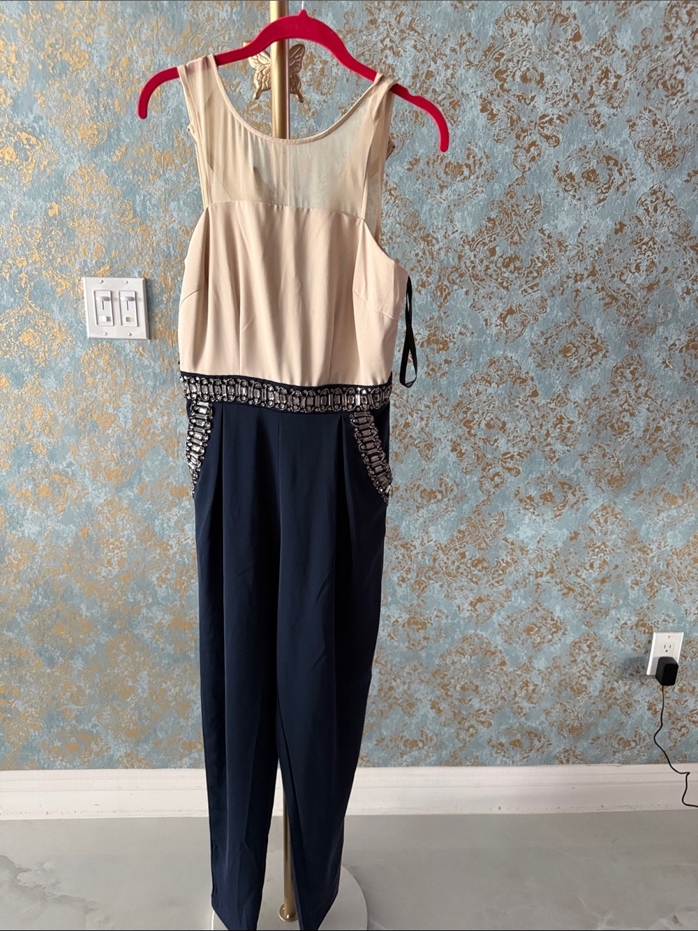 Sleeveless Two-Tone Jumpsuit with Embellished Waist - Cream & Navy